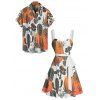 Vacation Couple Outfit Colorblock Cactus Pattern Ruched Bust Belt Sweetheart Neck A Line Mini Dress and Button Up Shirt Matching Outfit - Orange S | US 4