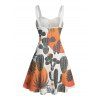 Vacation Couple Outfit Colorblock Cactus Pattern Ruched Bust Belt Sweetheart Neck A Line Mini Dress and Button Up Shirt Matching Outfit - Orange S | US 4