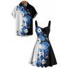 Vacation Couple Outfit Colorblock Flower Pattern Ruched Bust Floral Sweetheart Neck A Line Mini Dress and Button Up Shirt Matching Outfit - Noir S | US 4