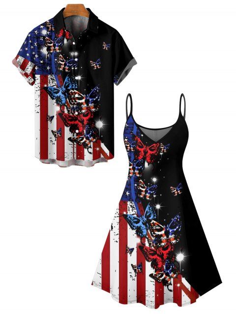 Independence Day Couple Outfit Butterfly Star Striped Pattern Spaghetti Strap Tank Dress and Button Up Shirt Patriotic Matching Outfit