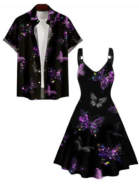 Robe Boutonnée à Imprimé Papillon Coloré à Manches Roulées