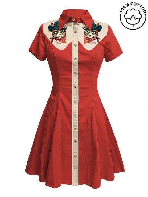 Robe de vacances à motif chat avec chapeau, couleur contrastée, 100 % coton, col rabattu, manches courtes, coupe trapèze