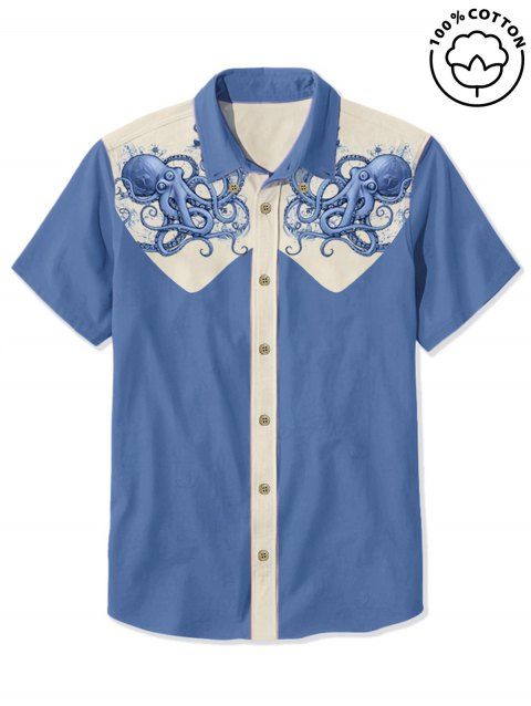 Chemise de vacances à motif pieuvre pour homme, couleur contrastée, boutonnée, col rabattu, décontractée