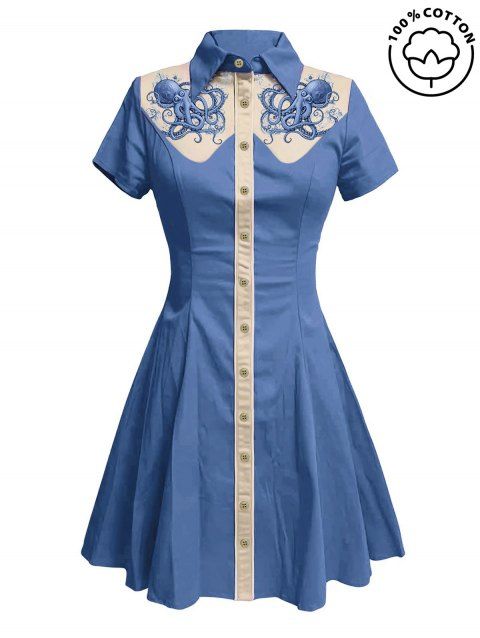 Robe de vacances à motif pieuvre, couleur contrastée, col rabattu, manches courtes, robe de plage trapèze