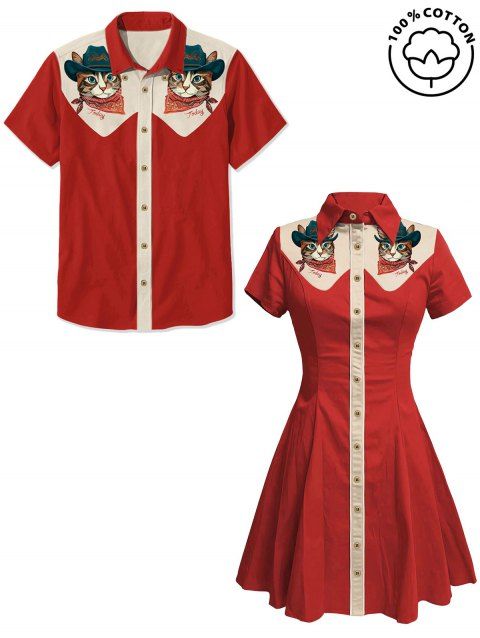 Vacation Couple Outfit Cat with Hat Pattern Contrast Color 100% Cotton Turn Down Collar Dress and Button Up Shirt Casual Matching Outfit
