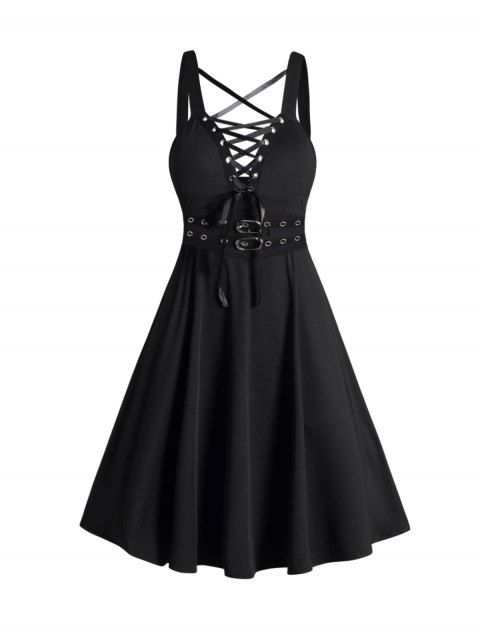 Robe gothique grande taille à lacets et œillets, couleur unie, bretelles croisées, ceinture à boucle, robe décontractée trapèze