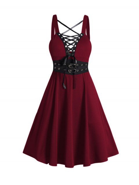 Robe gothique grande taille à lacets et œillets, couleur unie, bretelles croisées, ceinture à boucle, robe décontractée trapèze