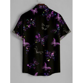 Colorful Butterfly Print Women's V Neck O-Ring Dress and Men's Roll Up Sleeve Button Up Shirt Outfit