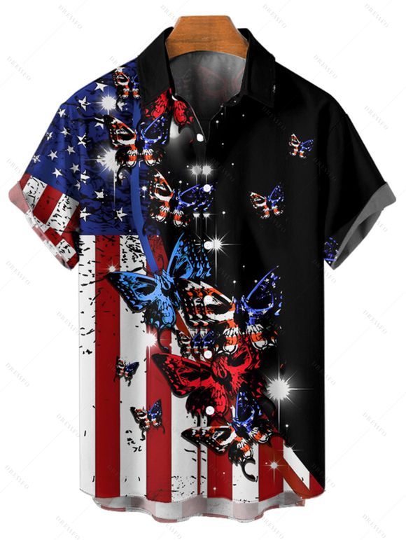 Chemise homme à rayures et étoiles papillon, motif patriotique, motif drapeau américain, boutonnée, retroussée, manches courtes - Noir 2XL