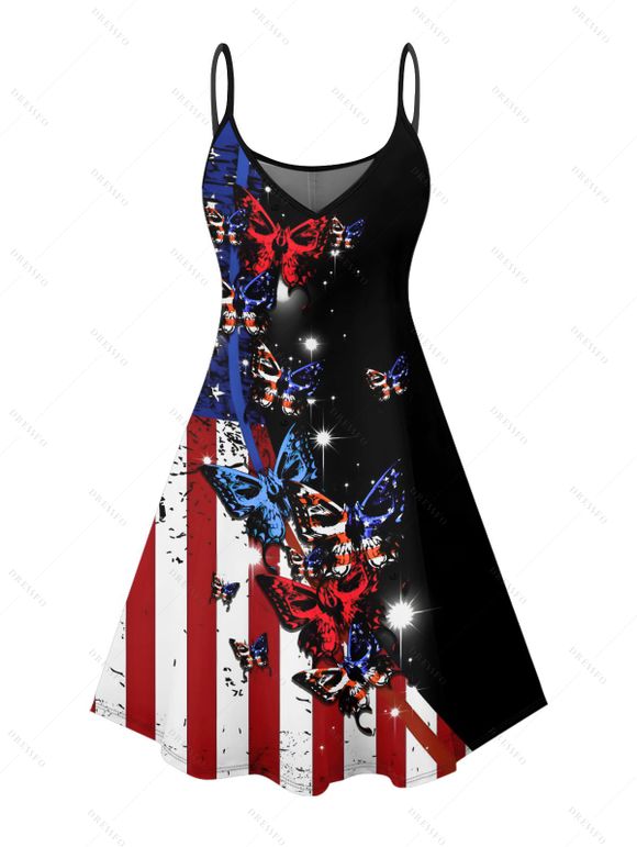 Butterfly Star Striped Pattern Independence Day Dress American Flag Elements Spaghetti Strap V Neck A Line Mini Patriotic Tank Dress - BLACK XXXXXL | US 20