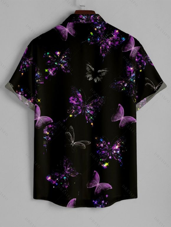 Robe Boutonnée à Imprimé Papillon Coloré à Manches Roulées - Noir S | US 4
