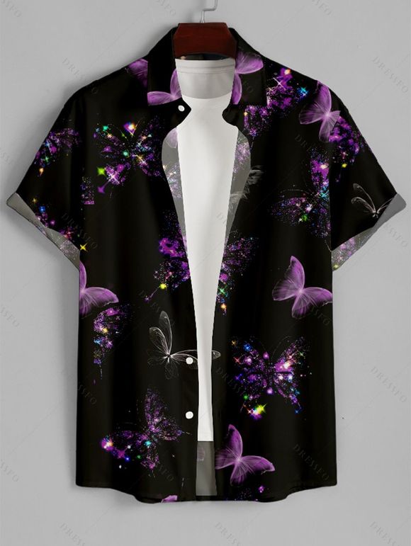 Robe Boutonnée à Imprimé Papillon Coloré à Manches Roulées - Noir S | US 4