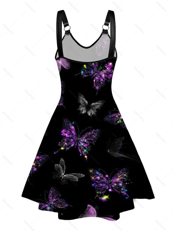Robe Boutonnée à Imprimé Papillon Coloré à Manches Roulées - Noir S | US 4