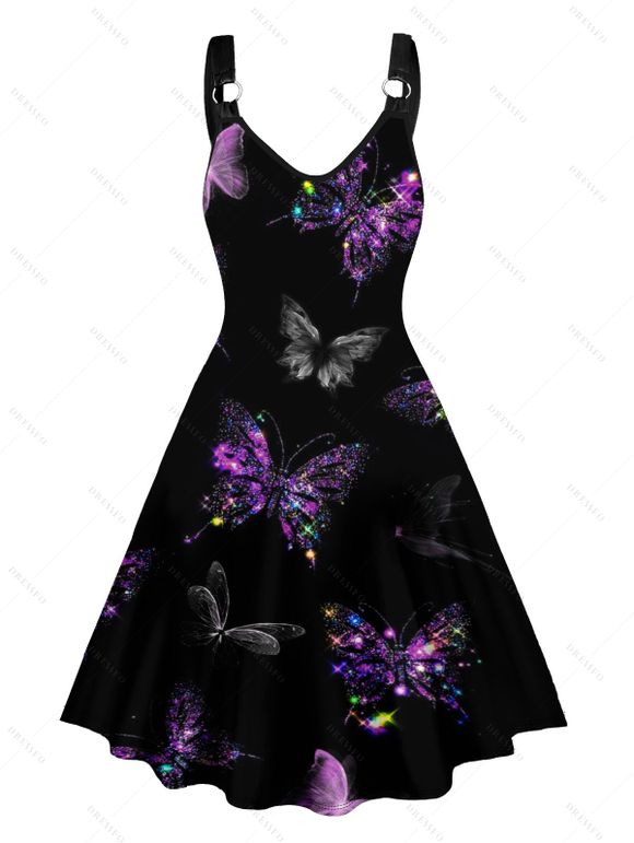 Robe Boutonnée à Imprimé Papillon Coloré à Manches Roulées - Noir S | US 4