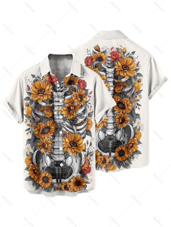 Gothic Couple Outfit Sunflower Skeleton Pattern Spaghetti Strap V Neck A Line Mini Tank Dress and Button Up Shirt Holiday Matching Outfit - Blanc S | US 4