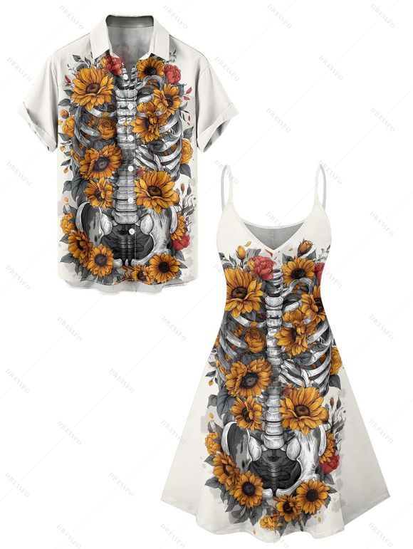 Gothic Couple Outfit Sunflower Skeleton Pattern Spaghetti Strap V Neck A Line Mini Tank Dress and Button Up Shirt Holiday Matching Outfit - Blanc S | US 4