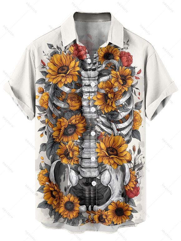 Gothic Couple Outfit Sunflower Skeleton Pattern Spaghetti Strap V Neck A Line Mini Tank Dress and Button Up Shirt Holiday Matching Outfit - Blanc S | US 4