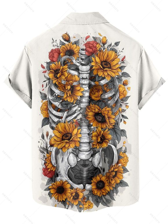 Gothic Couple Outfit Sunflower Skeleton Pattern Spaghetti Strap V Neck A Line Mini Tank Dress and Button Up Shirt Holiday Matching Outfit - Blanc S | US 4