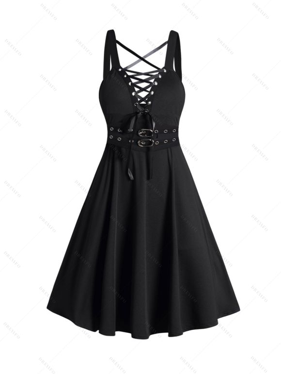 Robe gothique grande taille à lacets et œillets, couleur unie, bretelles croisées, ceinture à boucle, robe décontractée trapèze - Noir 5X | US 22