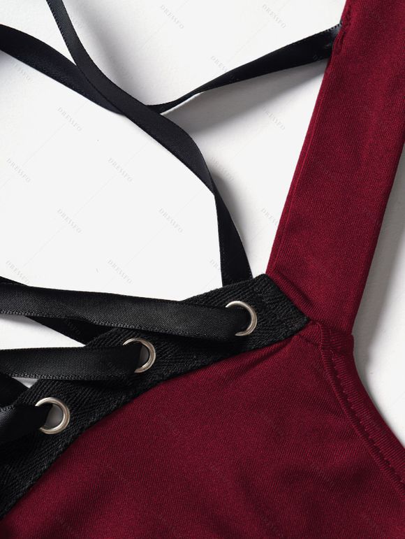 Robe gothique grande taille à lacets et œillets, couleur unie, bretelles croisées, ceinture à boucle, robe décontractée trapèze - Rouge foncé 3X | US 18