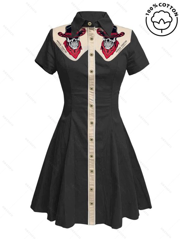 Skeleton with Cowboy Hat Contrast Color Gothic Dress 100% Cotton Turn Down Collar Short Sleeve A Line Dress - BLACK XXXXL | US 18