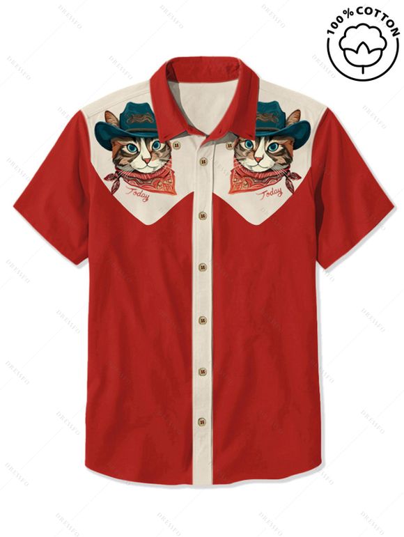 Men's Cat with Hat Pattern Contrast Color Vacation Shirt 100% Cotton Button Up Turn Down Collar Casual Shirt - RED L