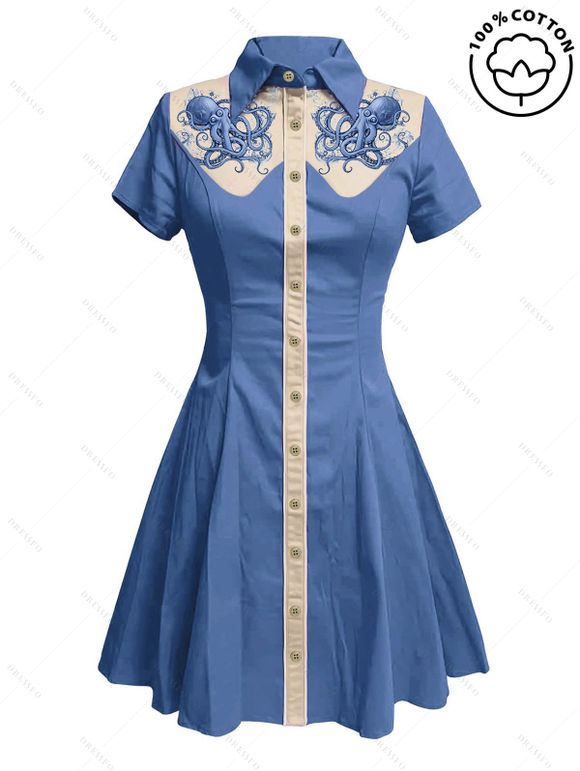 Robe de vacances à motif pieuvre, couleur contrastée, col rabattu, manches courtes, robe de plage trapèze - Bleu gris XXXL | US 16