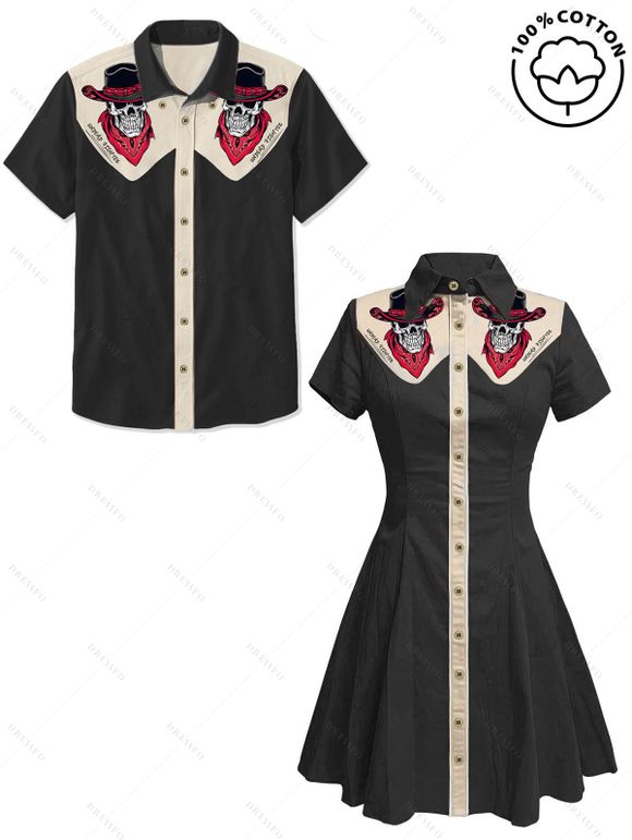 Gothic Couple Outfit Skeleton with Cowboy Hat Pattern Contrast Color 100% Cotton Turn Down Collar Dress and Button Up Shirt Vacation Matching Outfit - BLACK S | US 4