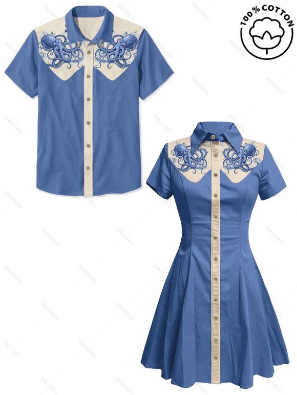 Vacation Couple Outfit Octopus Pattern Contrast Color Turn Down Collar Dress and Button Up Shirt Beach Matching Outfit - BLUE GRAY S | US 4