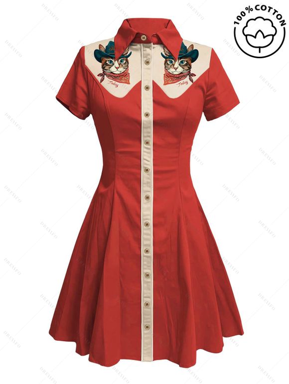 Cat with Hat Pattern Contrast Color Vacation Dress 100% Cotton Turn Down Collar Short Sleeve A Line Dress - RED L | US 8-10