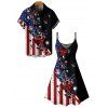 Independence Day Couple Outfit Butterfly Star Striped Pattern Spaghetti Strap Tank Dress and Button Up Shirt Patriotic Matching Outfit - BLACK S | US 4