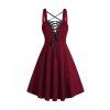 Robe gothique grande taille à lacets et œillets, couleur unie, bretelles croisées, ceinture à boucle, robe décontractée trapèze - Rouge foncé 5X | US 22