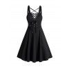 Robe gothique grande taille à lacets et œillets, couleur unie, bretelles croisées, ceinture à boucle, robe décontractée trapèze - Noir 5X | US 22