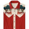 Men's Cat with Hat Pattern Contrast Color Vacation Shirt 100% Cotton Button Up Turn Down Collar Casual Shirt - RED L