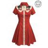 Cat with Hat Pattern Contrast Color Vacation Dress 100% Cotton Turn Down Collar Short Sleeve A Line Dress - RED L | US 8-10