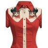 Robe de vacances à motif chat avec chapeau, couleur contrastée, 100 % coton, col rabattu, manches courtes, coupe trapèze - Rouge XL | US 12