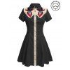 Robe gothique à col rabattu et manches courtes, style squelette avec chapeau de cowboy, couleur contrastée, 100 % coton, coupe trapèze - Noir XL | US 12
