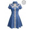 Robe de vacances à motif pieuvre, couleur contrastée, col rabattu, manches courtes, robe de plage trapèze - Bleu gris XXXL | US 16