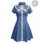 Robe de vacances à motif pieuvre, couleur contrastée, col rabattu, manches courtes, robe de plage trapèze - Bleu gris XXXL | US 16