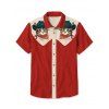 Vacation Couple Outfit Cat with Hat Pattern Contrast Color 100% Cotton Turn Down Collar Dress and Button Up Shirt Casual Matching Outfit - RED S | US 4