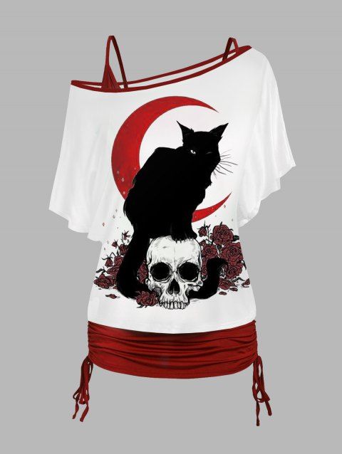 Ensemble deux pièces gothique avec haut à motif floral et tête de mort, t-shirt à col incliné et manches chauve-souris et débardeur cintré de couleur unie