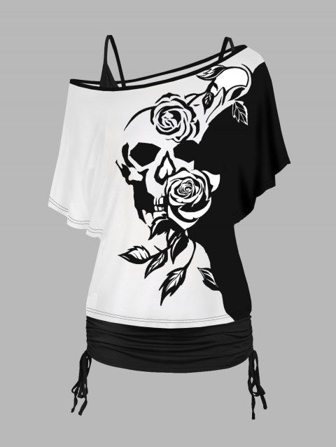 Ensemble deux pièces gothique, t-shirt à manches chauve-souris et col incliné, motif floral, tête de mort, couleur contrastée, et débardeur cintré de couleur unie