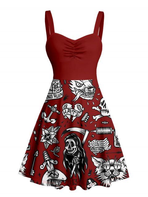 Robe gothique à col en cœur et mini-robe trapèze style gothique avec motif de crânes et lettres