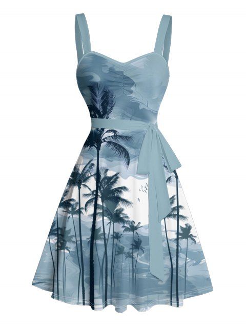 Robe de plage courte à imprimé palmier ombré, buste froncé, ceinture, décolleté en cœur, coupe trapèze