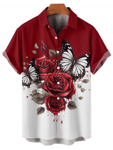 Chemise de vacances à manches courtes et revers boutonnés pour homme, motif papillon, rose, fleur et feuille, décontractée