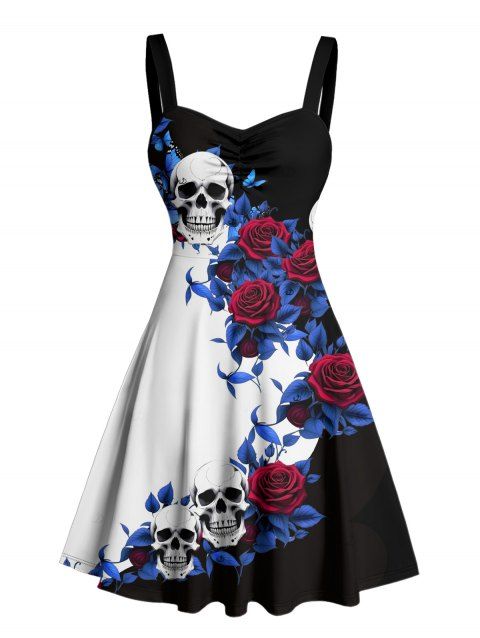 Robe gothique monochrome à motif de fleurs, feuilles et crânes, buste froncé, col en cœur, coupe trapèze, mini robe de vacances