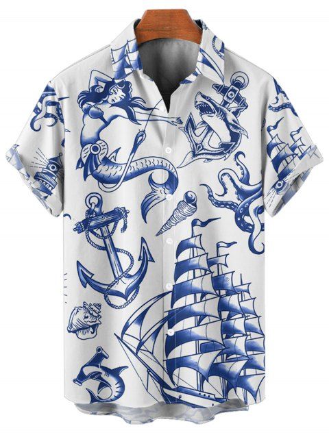 Chemise de vacances pour homme, motif sirène, dauphin, navire, éléments océaniques, boutonnée, retroussée, manches courtes, décontractée