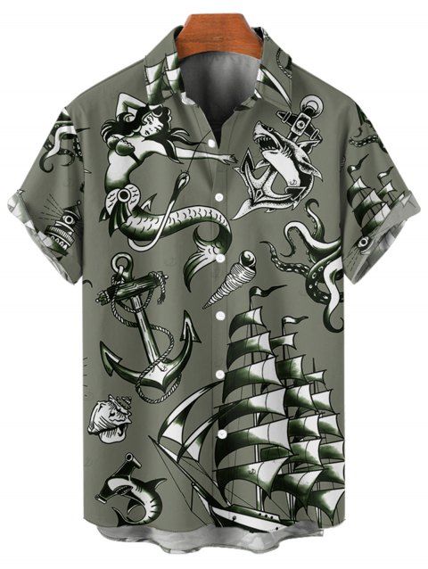 Chemise de vacances pour homme, motif sirène, dauphin, navire, éléments océaniques, boutonnée, retroussée, manches courtes, décontractée