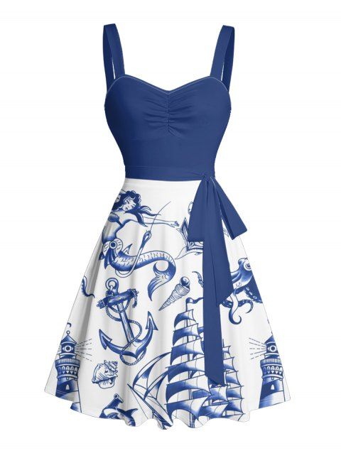 Robe de vacances à motif sirène, dauphin, navire, éléments océaniques, buste froncé, ceinture, col en cœur, ligne A, mini, décontractée
