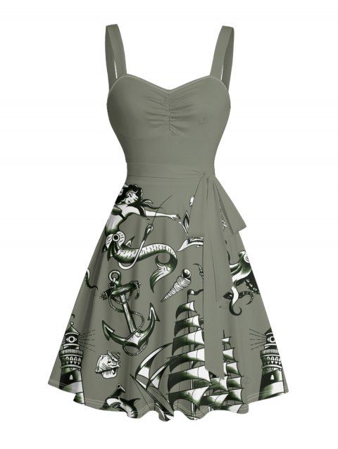 Robe de vacances à motif sirène, dauphin, navire, éléments océaniques, buste froncé, ceinture, col en cœur, ligne A, mini, décontractée